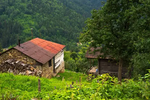 Ormanlık yamaçta taş duvarlı, kiremit çatılı köy evi ve yanındaki ahşap serender