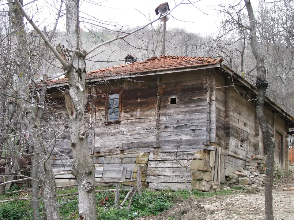 Ormanlık yamaçta kiremit çatılı, ahşap gövdeli eski bir köy odası binası