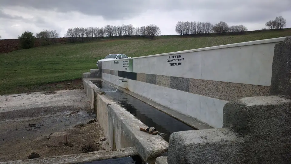 Çayırlık alanda uzun beton yalaklı hayvan sulama çeşmesi