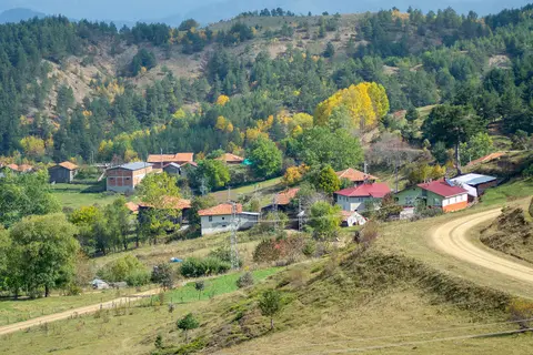 Ormanlık tepelerin eteğinde kırmızı çatılı evleri ve kıvrılan toprak yoluyla Bozarmut köyü