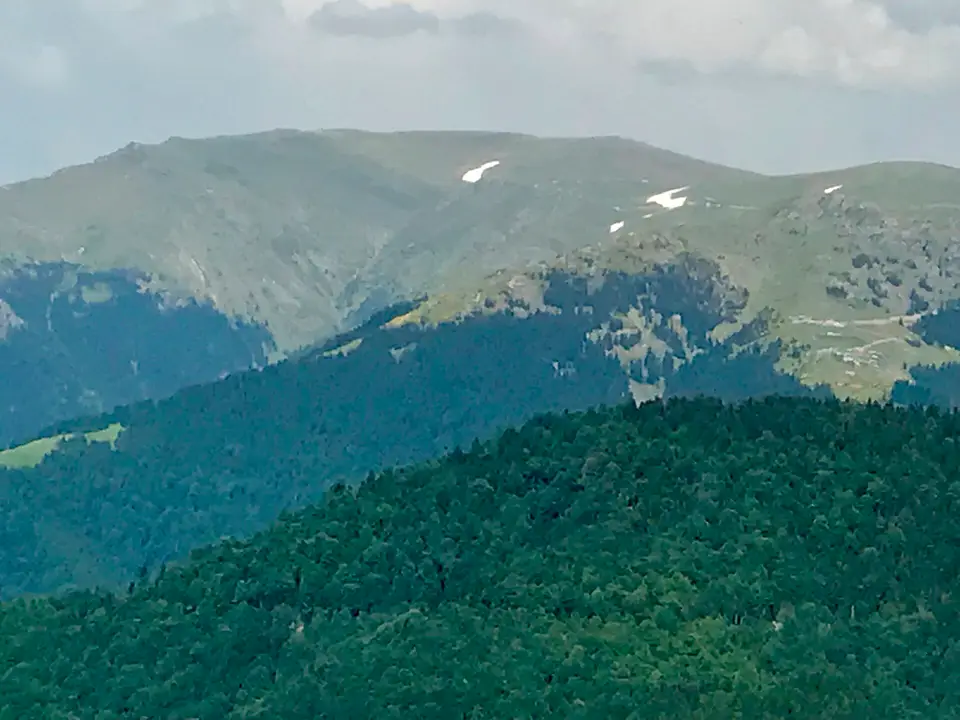 Kümbet Yaylası'ndan görünen ormanlı yamaçlar ve üst kısımları çayırla kaplı dağlar