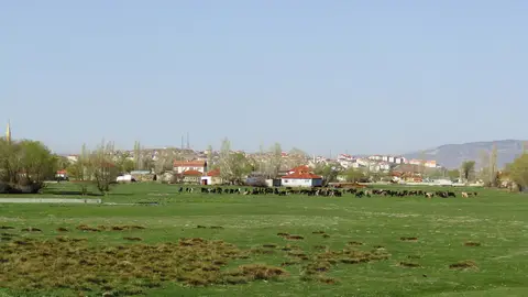 Önde Üyük (Merkez Hüyük) köyü, arkada Şarkışla ilçe merkezi